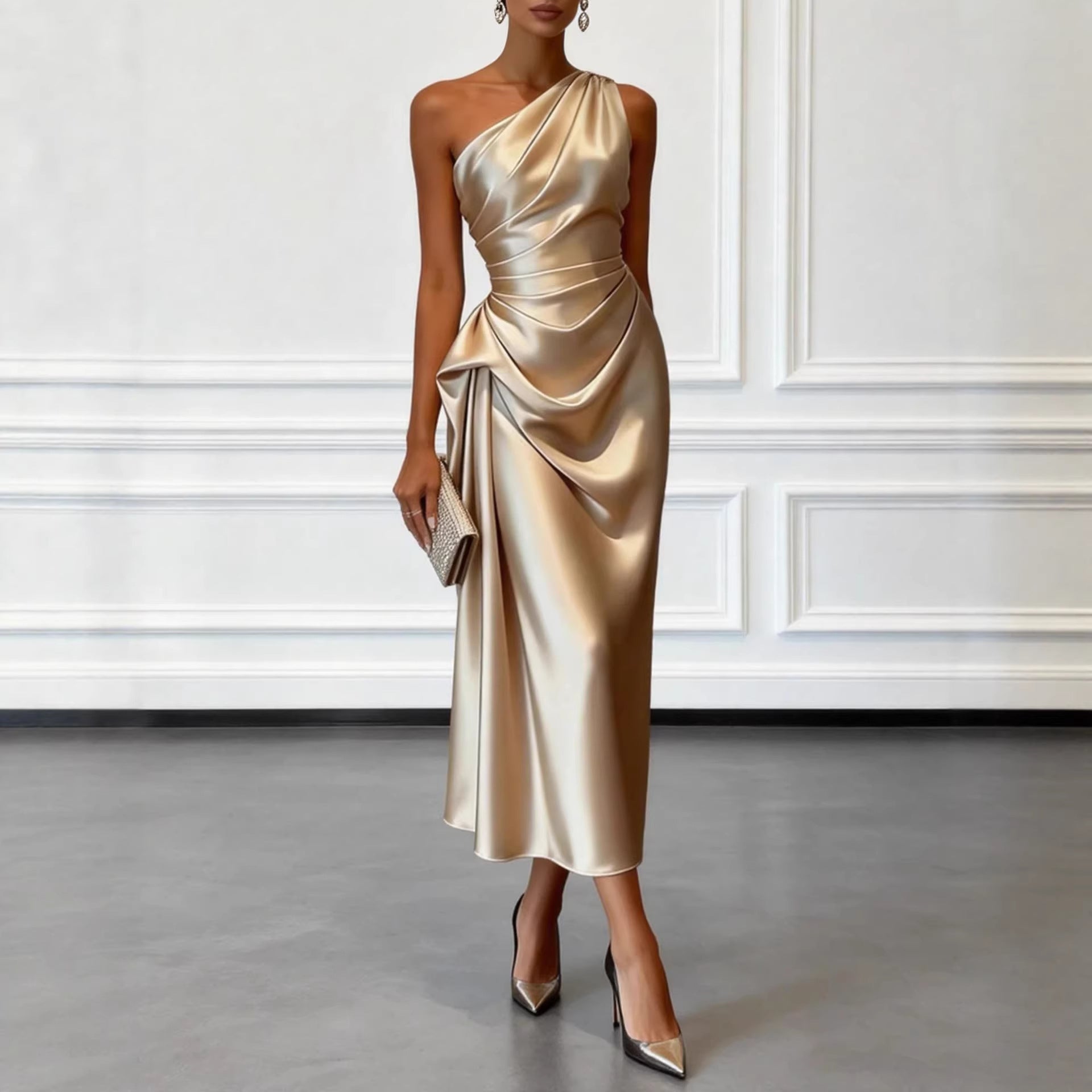 Valentina | Satin One Shoulder Midi Jurk
