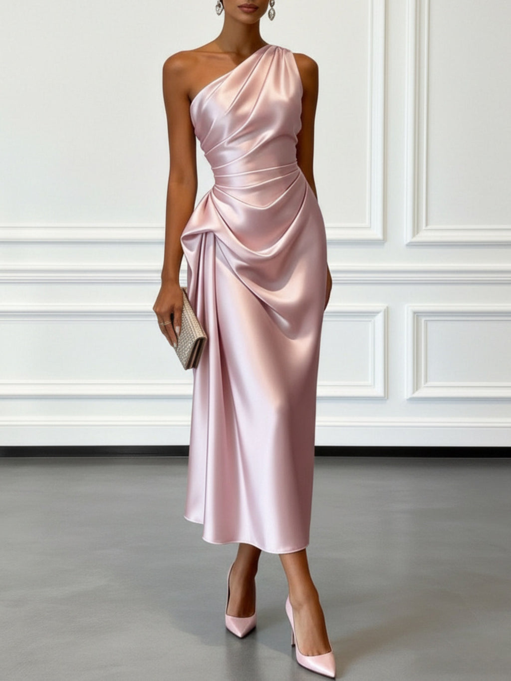 Valentina | Satin One Shoulder Midi Jurk
