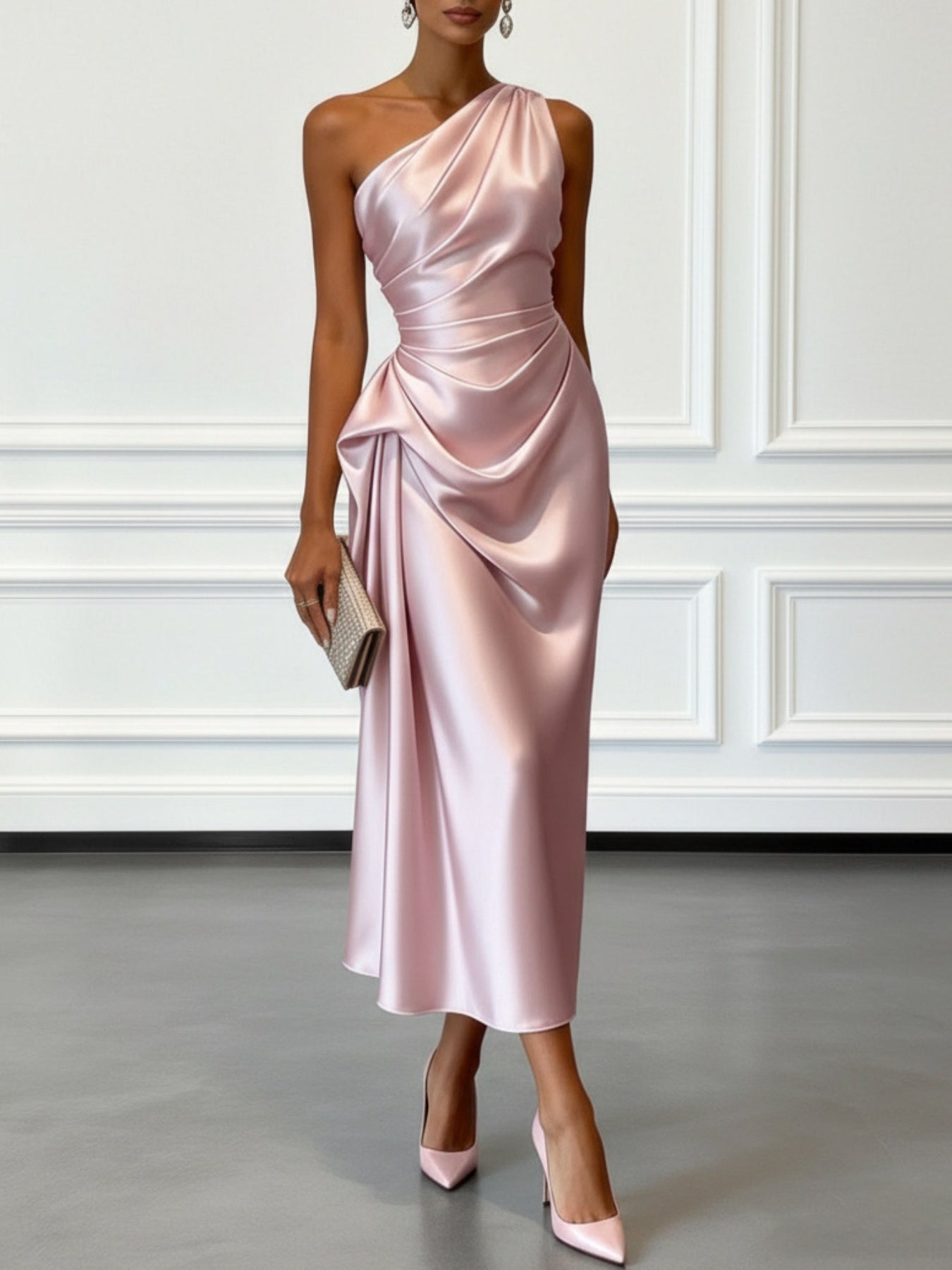 Valentina | Satin One Shoulder Midi Jurk