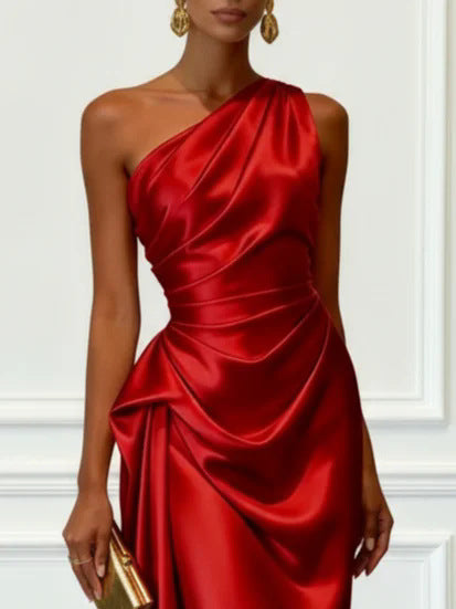 Valentina | Satin One Shoulder Midi Jurk