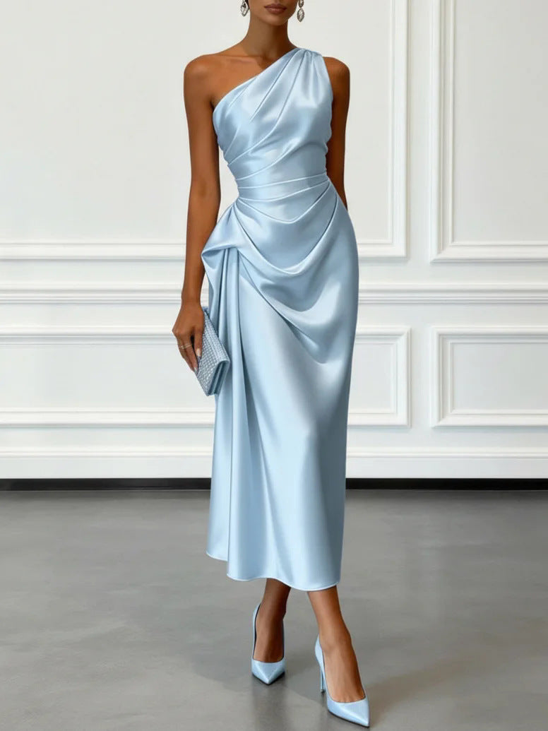 Valentina | Satin One Shoulder Midi Jurk