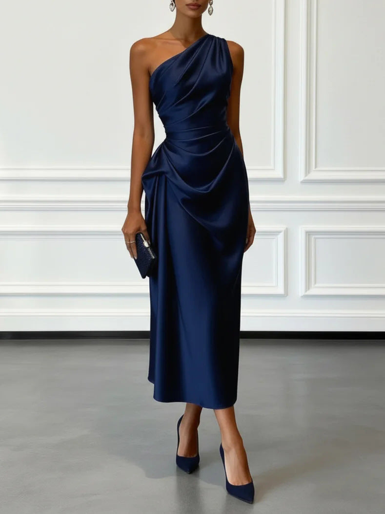 Valentina | Satin One Shoulder Midi Jurk