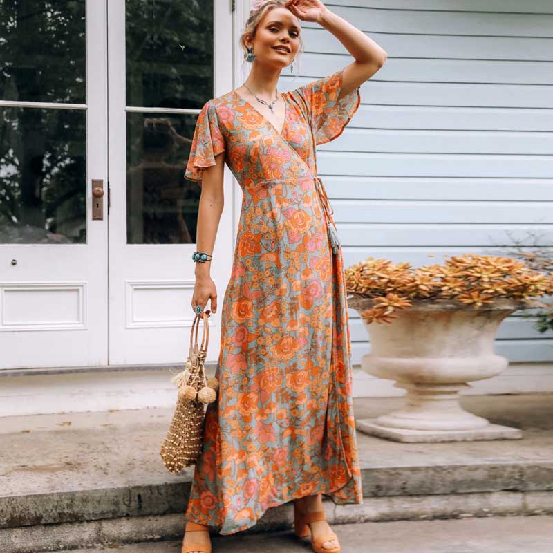 Camellia | Katoenen Maxi Wikkeljurk met Print
