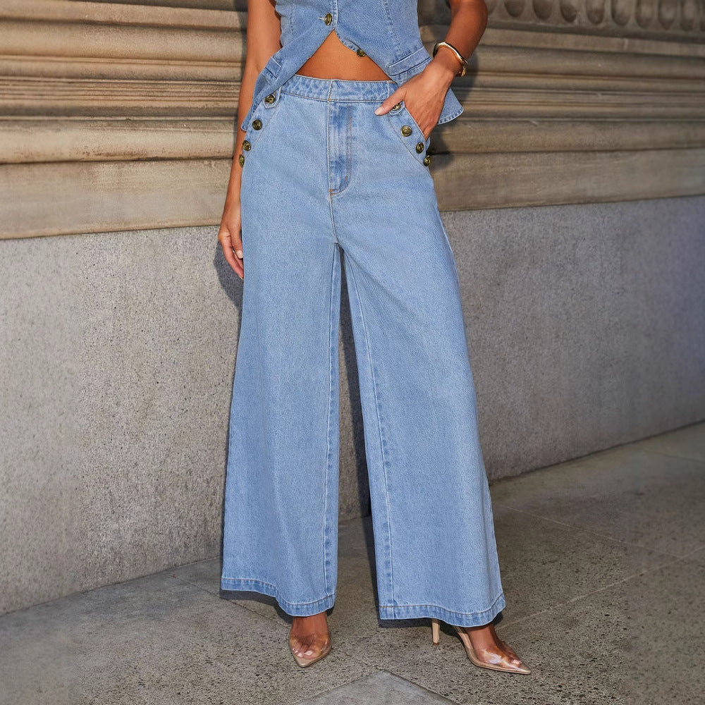 Lévana |  Denim Set Dames Wide Leg & Gilet