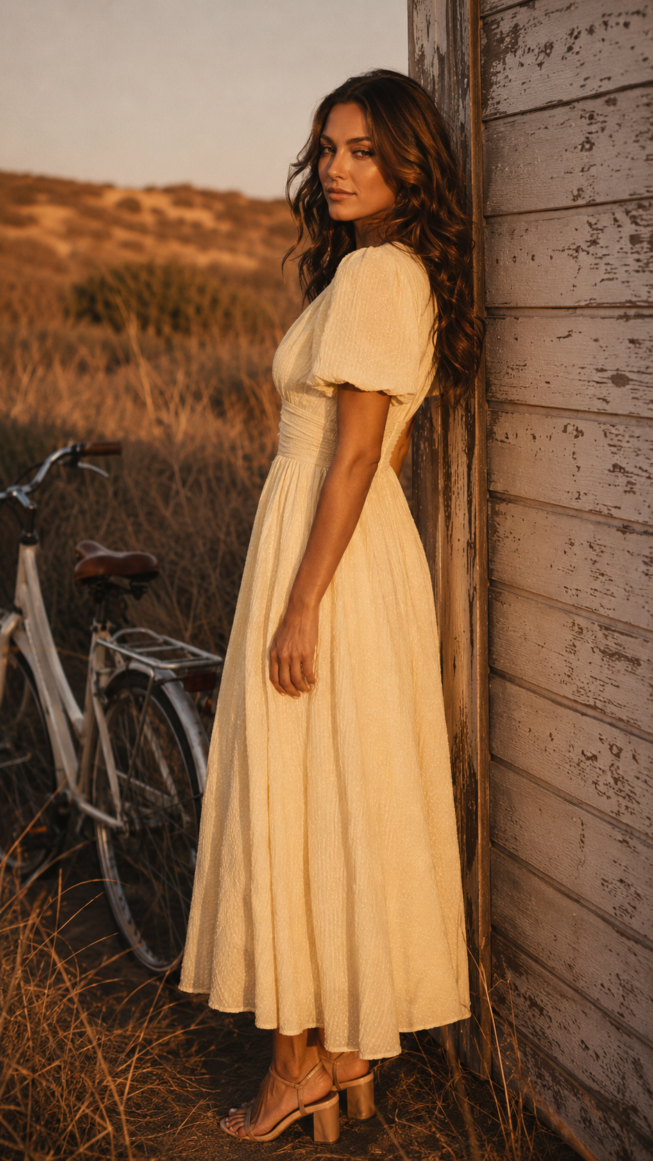 Sanne | Midi Jurk met V-Hals & Pofmouw