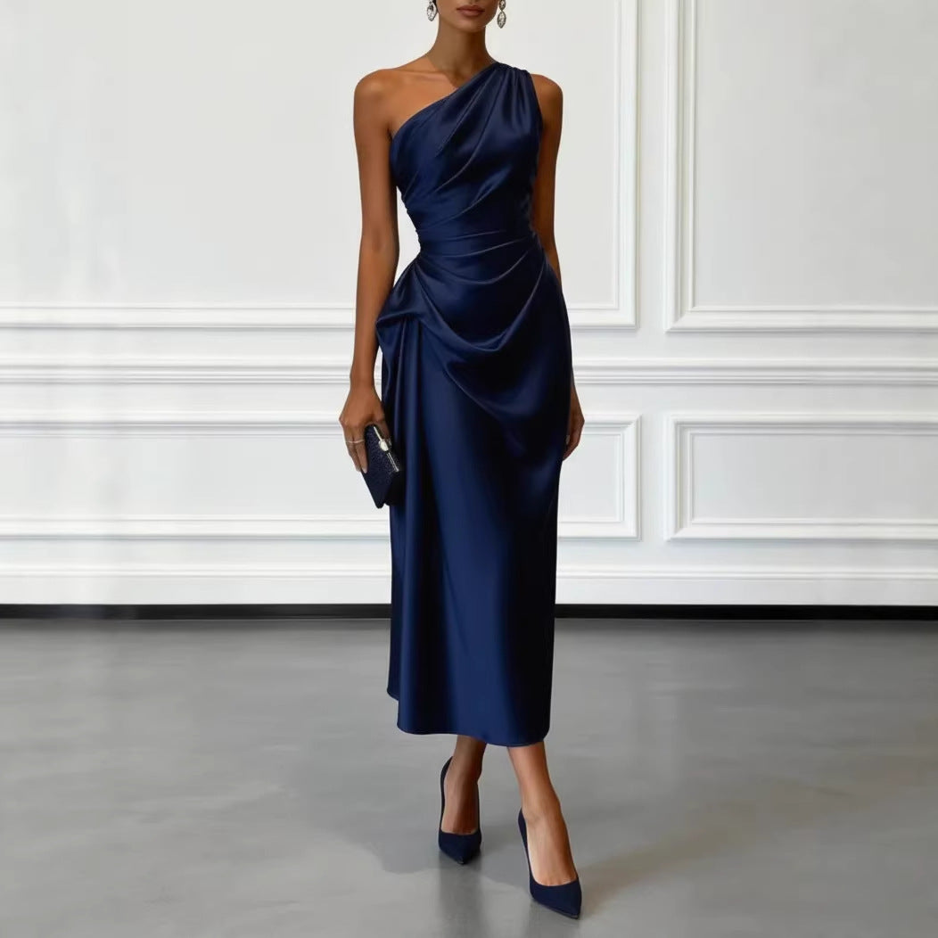 Valentina | Satin One Shoulder Midi Jurk