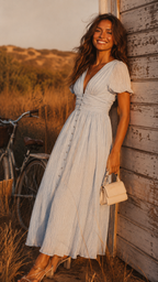 Sanne | Midi Jurk met V-Hals & Pofmouw