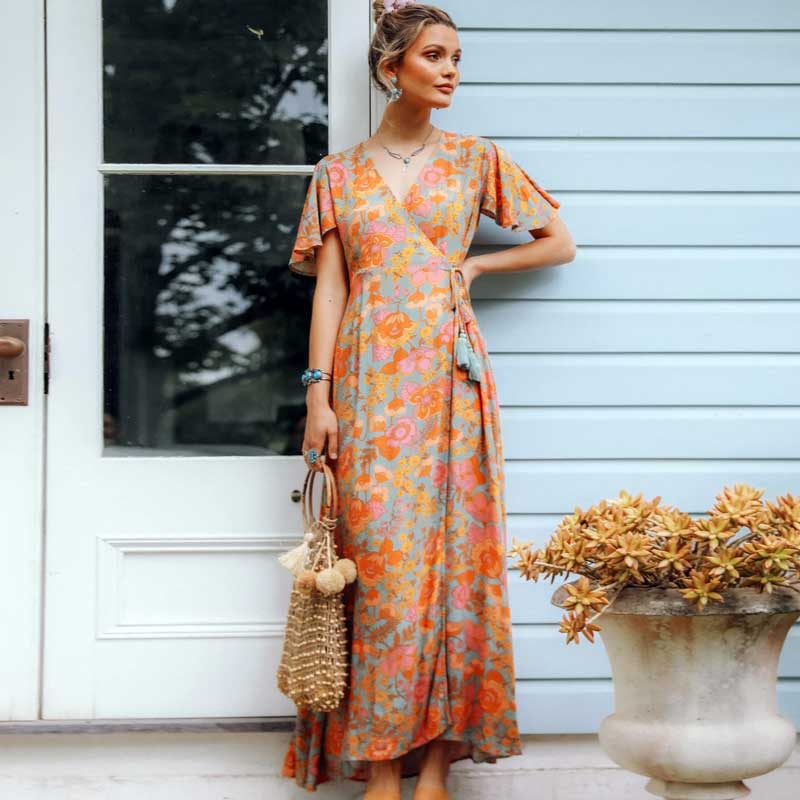 Camellia | Katoenen Maxi Wikkeljurk met Print