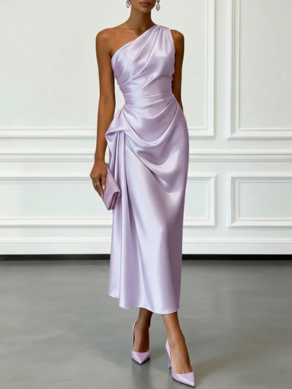 Valentina | Satin One Shoulder Midi Jurk