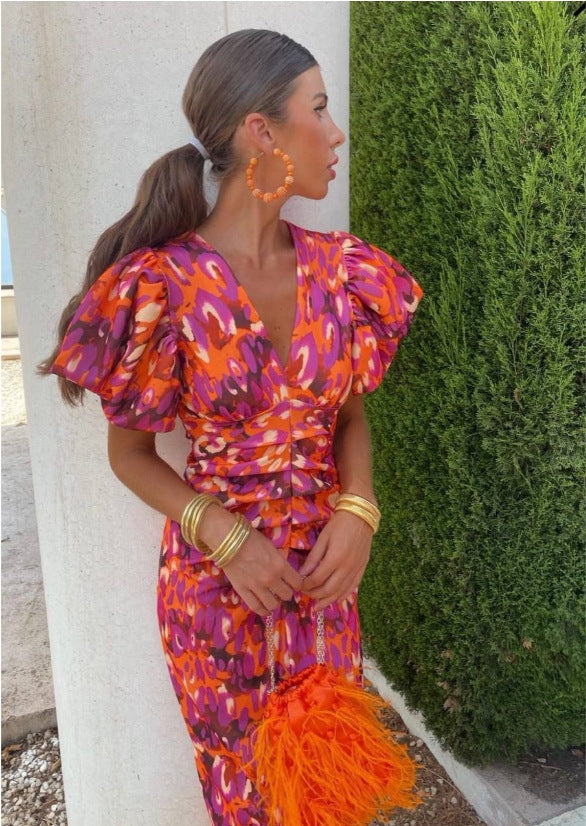 Donna | Maxi Jurk met Pofmouwen & V-Hals