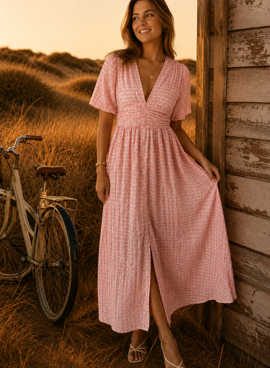 Sanne | Midi Jurk met V-Hals & Pofmouw