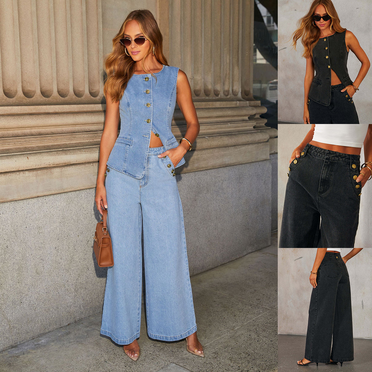 Lévana |  Denim Set Dames Wide Leg & Gilet