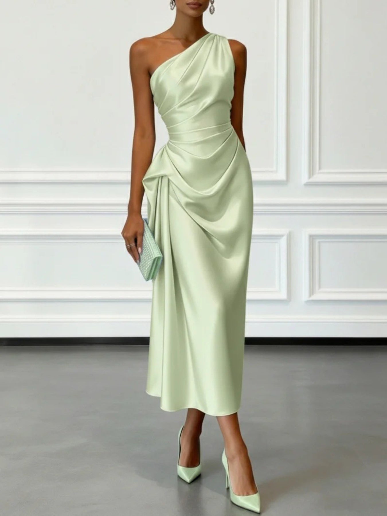 Valentina | Satin One Shoulder Midi Jurk