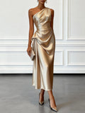 Valentina | Satin One Shoulder Midi Jurk