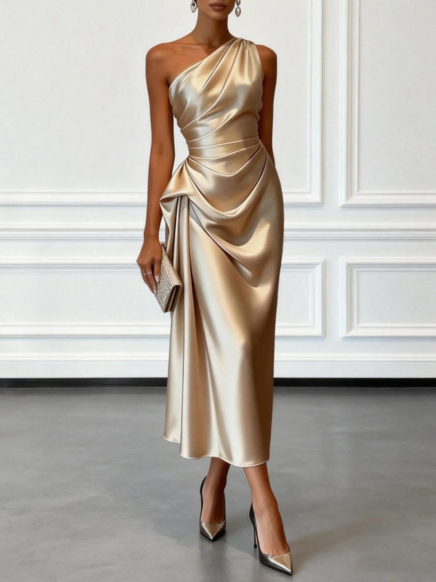 Valentina | Satin One Shoulder Midi Jurk