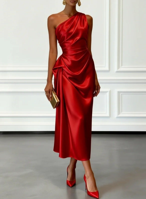 Valentina | Satin One Shoulder Midi Jurk