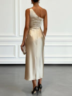 Valentina | Satin One Shoulder Midi Jurk
