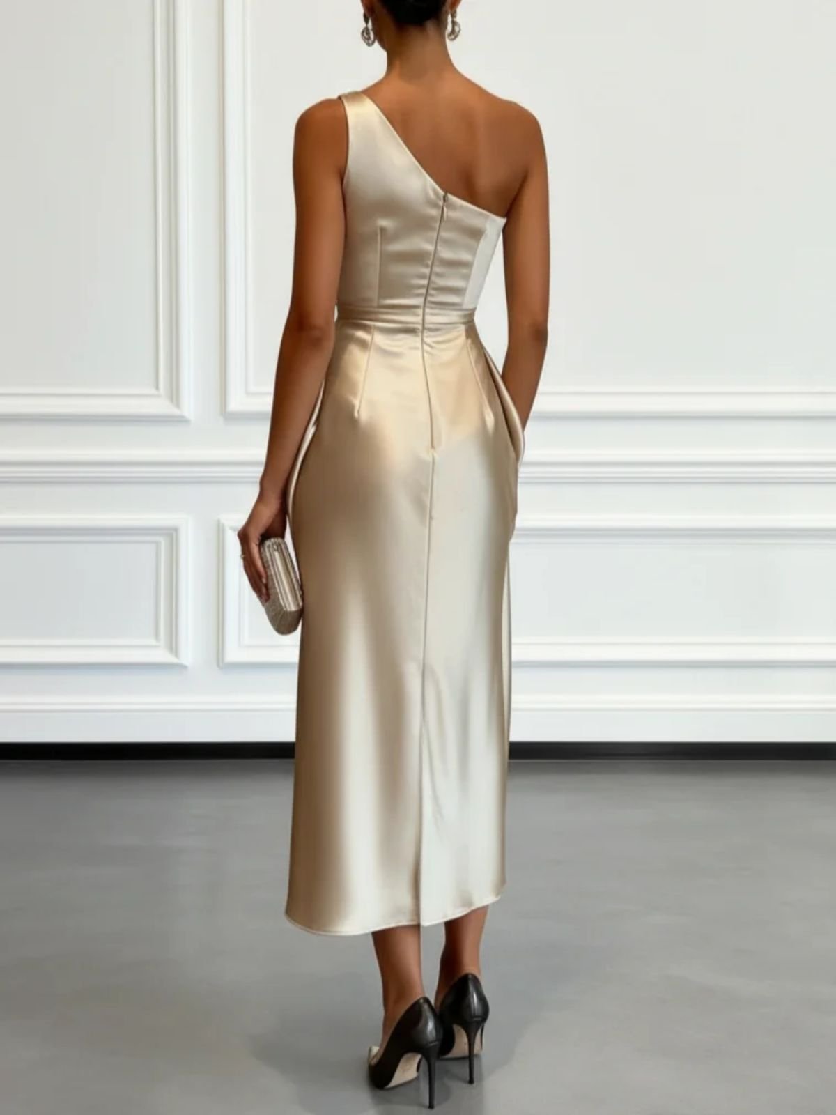 Valentina | Satin One Shoulder Midi Jurk
