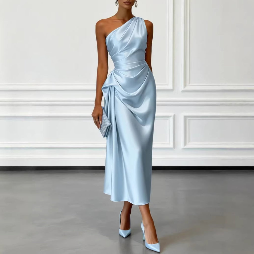 Valentina | Satin One Shoulder Midi Jurk