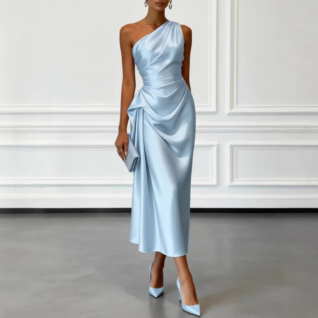 Valentina | Satin One Shoulder Midi Jurk