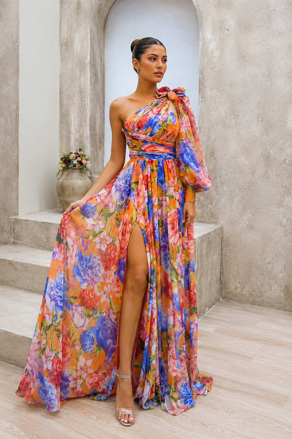 Noa | One Shoulder Maxi Jurk met Bloemenprint