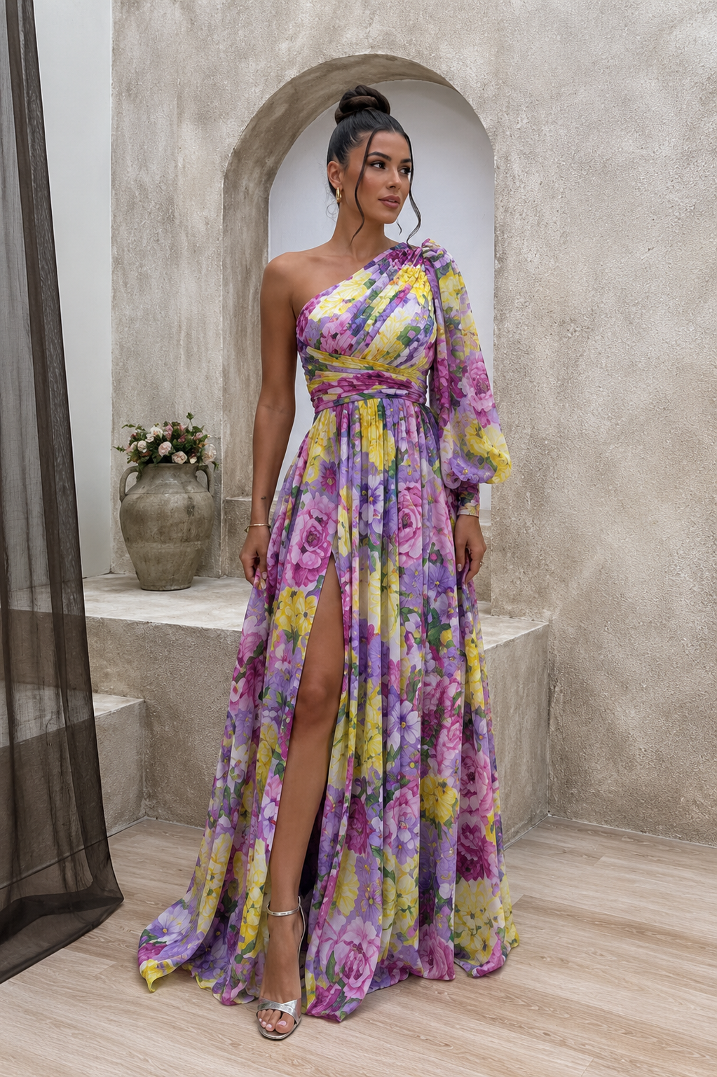 Noa | One Shoulder Maxi Jurk met Bloemenprint