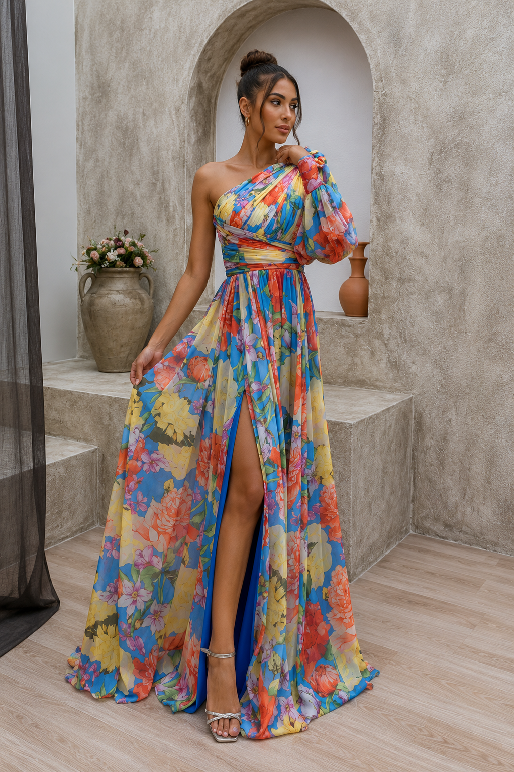 Noa | One Shoulder Maxi Jurk met Bloemenprint