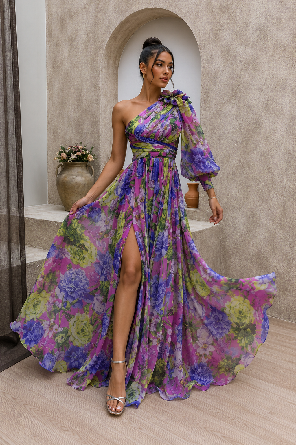 Noa | One Shoulder Maxi Jurk met Bloemenprint