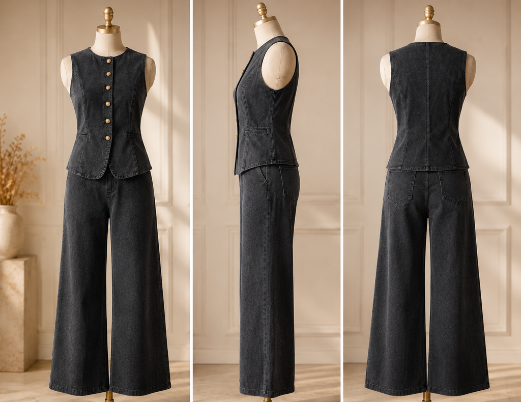 Lévana |  Denim Set Dames Wide Leg & Gilet