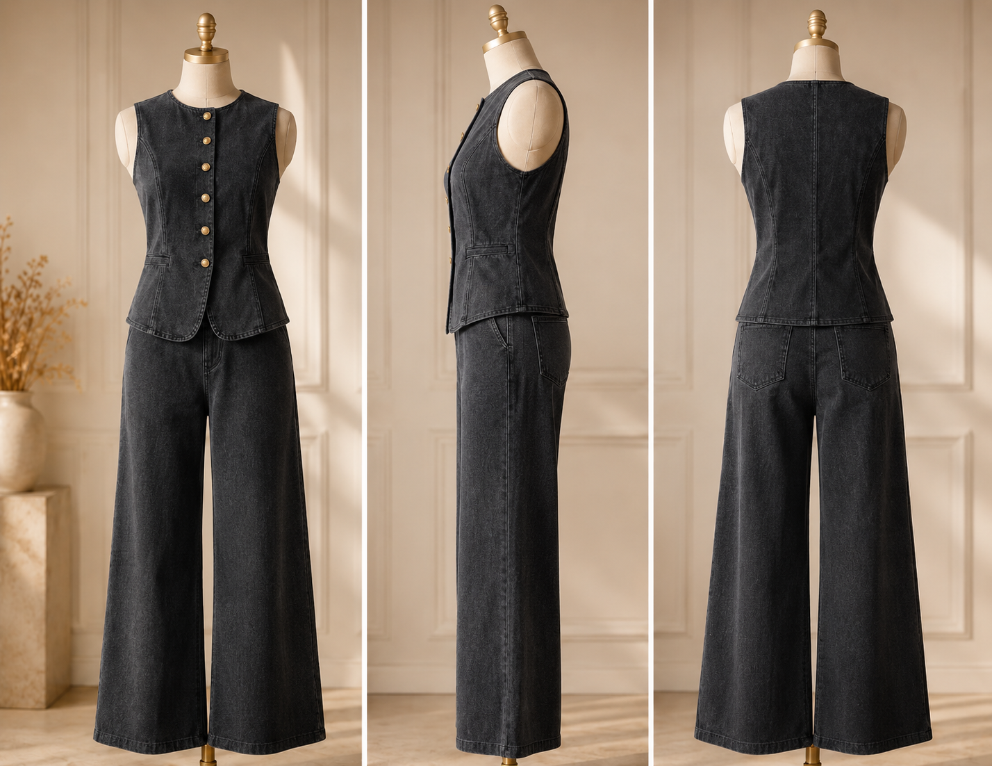 Lévana |  Denim Set Dames Wide Leg & Gilet