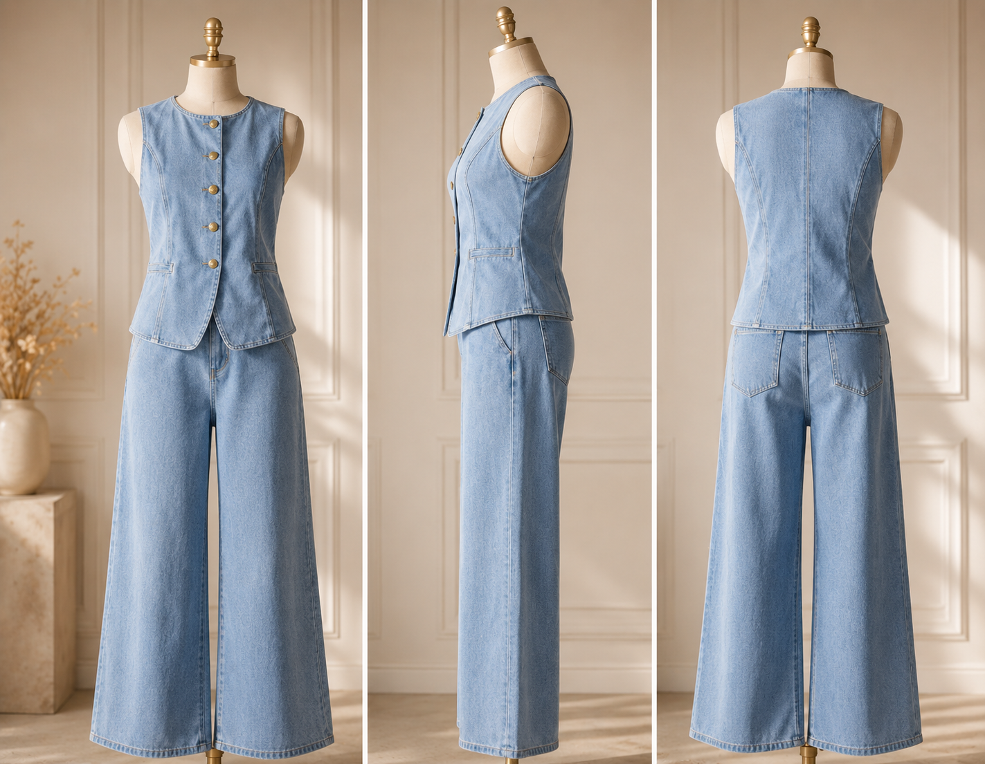 Lévana |  Denim Set Dames Wide Leg & Gilet