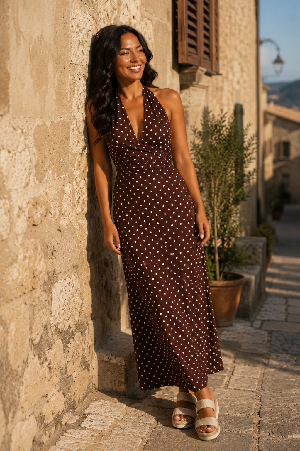 Valéria | Halter Maxi Jurk met Polkadot Print